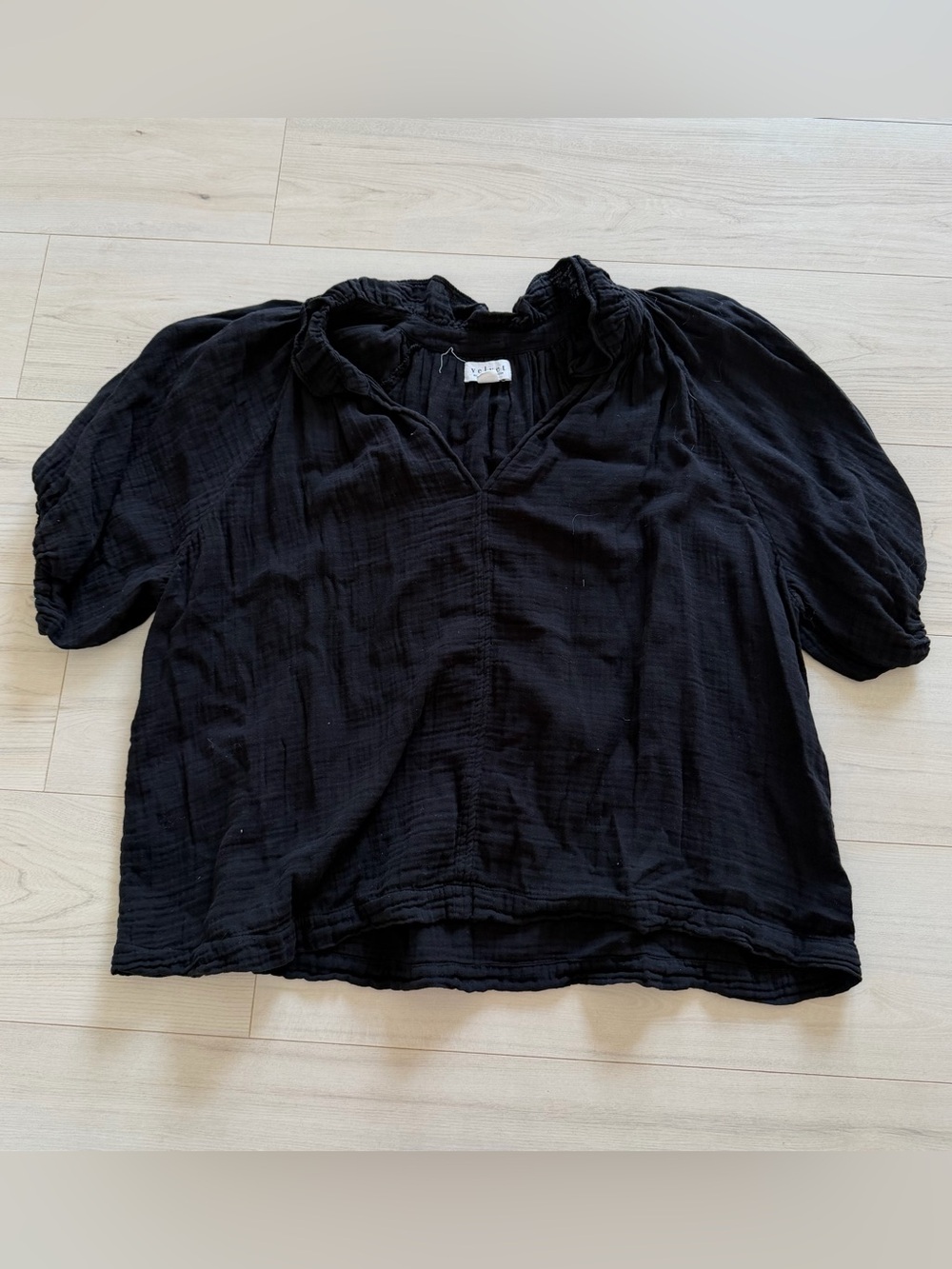 Velvet by Graham & Spencer Black Gauze V-Neck Puff Sleeve Top